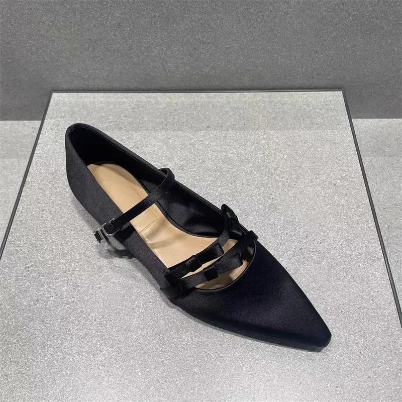 Fashion Gentle Unique Design Satin Mary Jane Flat oes Spring 2025 Pointed Toe  Knot Women's Faion Low Heel Slip-On oes