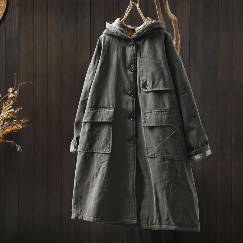 

Johnature Women Vintage Hooded Button Winter Coats Solid Color Patchwork Pockets Warm Long Coats One Size темно-сірий колір
