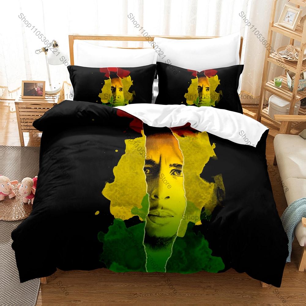 Jamaican Reggae Bob Marley Lion Bedding Set 3 Pieces Vintage Art Print Duvet Cover Set with 2 Pillowcases for Fans