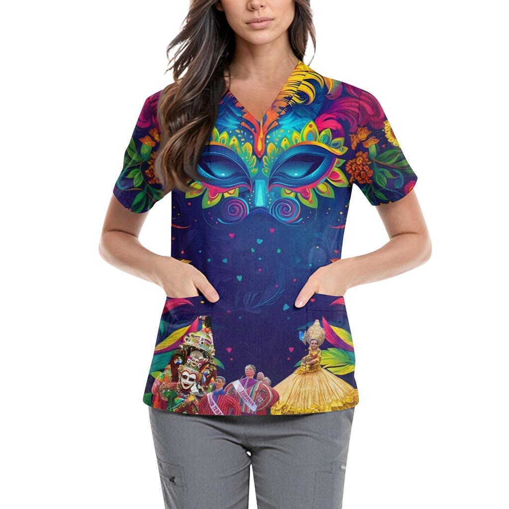 Women's  Carnival Themed Outfit Party Mask Pattern Caregiver Top