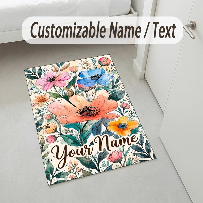 Floral Artwork Theme Soft Crystal Velvet Rug Custom Name & Text Print Non Slip Floor Rug for Bedroom Living Room