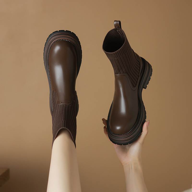Krazing Pot Microfiber Autumn Winter Shoes Thick High Heels Flat Platform Size 43 Motorcycle Boots Knitwear Non-slip Ankle Boots