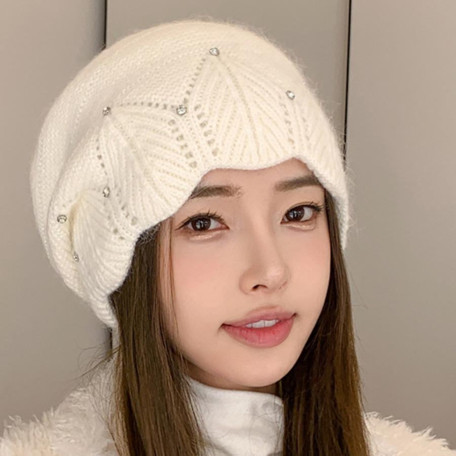 

Роскошные шапки Элегантные кружевные инкрустированные бриллиантами шапки из кроличьей шерсти для женщин Корейские вязаные шапки с ворсом M（56-58cm） покинуть белый