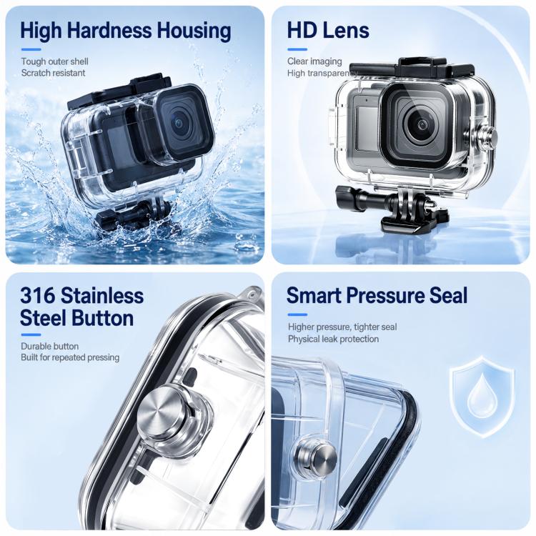 Transparent‑60m‑Depth Waterproof‑Diving‑Housing‑Case, Dual‑Cold‑Shoe Underwater‑Protective‑Shell With Anti‑Fog‑Sheets For GoPro MISSION 1 / 1 PRO