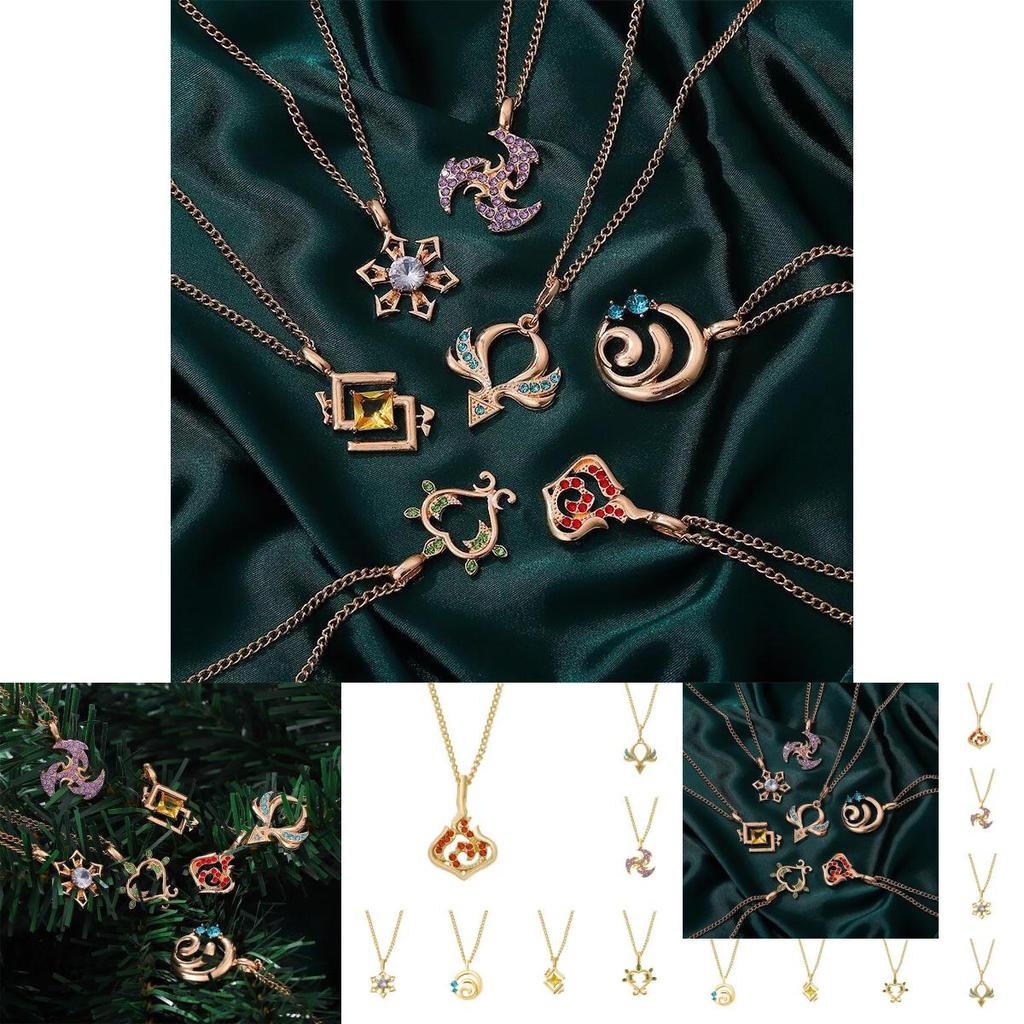 Genshin Impact Vision Element Diamond Pendant Necklace Alloy Chain Zircon Inlaid