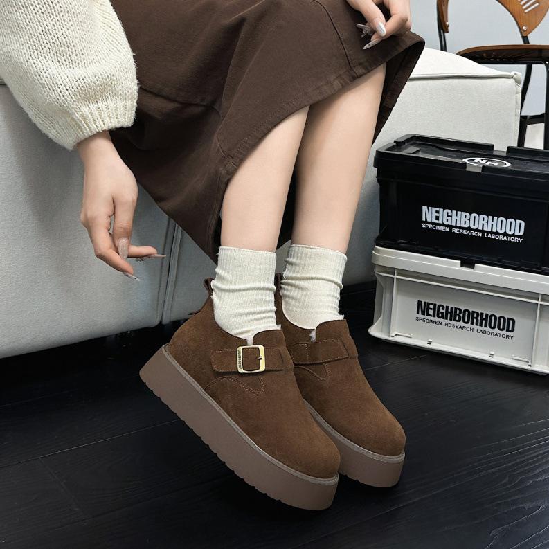 Leather retro women's autumn and winter models, leather velvet thickened warm fluffy shoes, platform casual cotton shoes