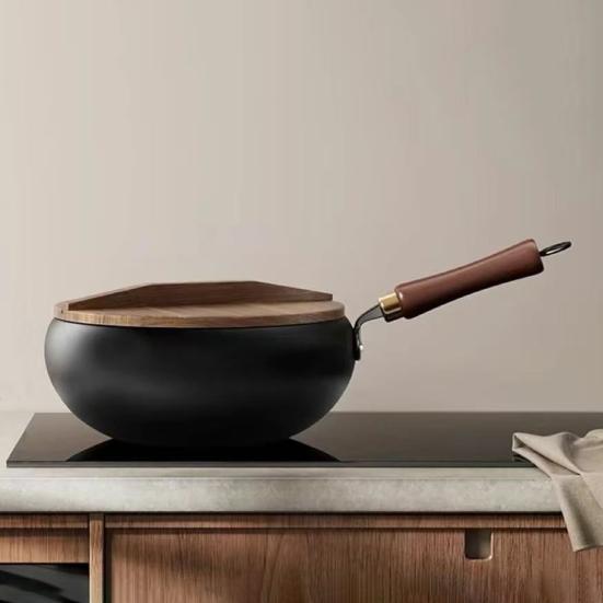 Non-Stick Cast Iron Wok with Lid & Spatula 24/28cm Large Belly Frying Pan for Stir-Fry Soup Uncoated & Scratch-Resistant Induction