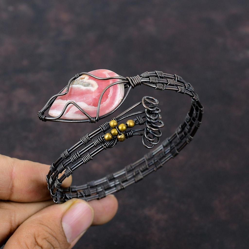 Rhodochrosite Copper Bangle Wire Wrapped Cuff Bracelet Adjustable Bangle Handmade Jewelry Gemstone Bangle Copper Wire Wrap Jewelry For Gift