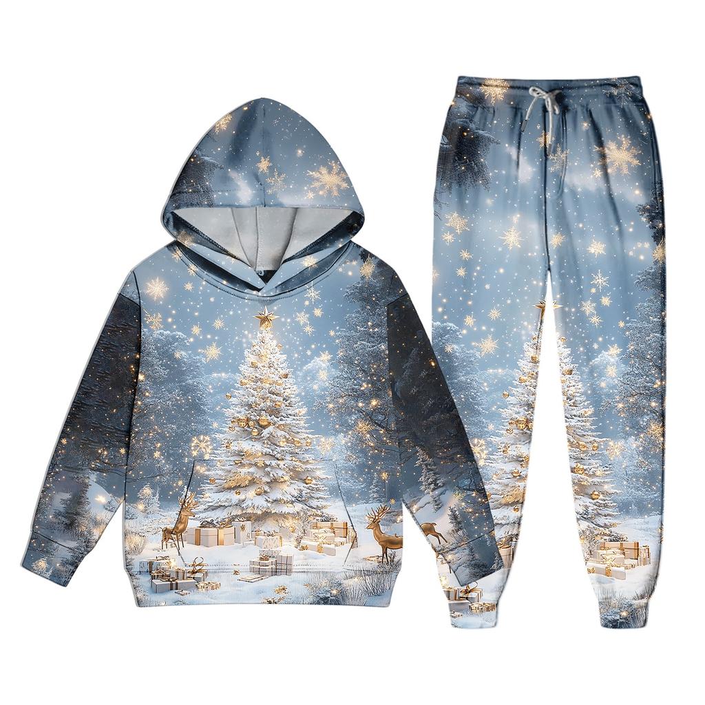 Kids Christmas Print Hoodie Set - Children's Hooded Pullover Top for Boys and Girls