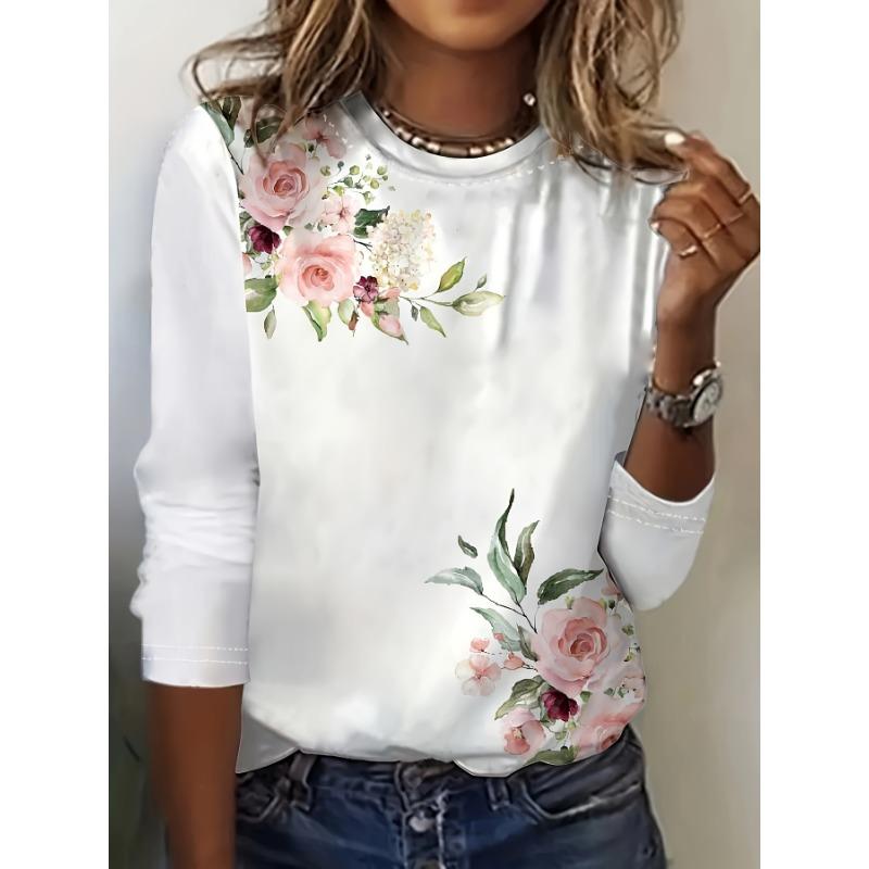 Women's Full-Body Print T-Shirt - Long Sleeve Crew Neck Blouse Suitable for Spring/Autumn