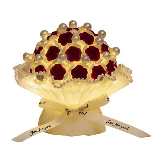 DIY Flocking Rose Night Light Kit Handmade Faux Pearl Flower Bouquet Decorative Lamp Home Office Bedroom Ornament Valentine's Day Gift