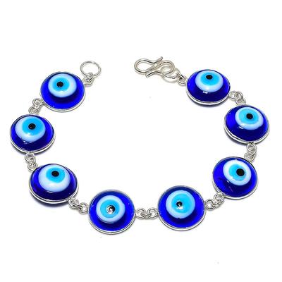 Prírodný Modrý Amulet proti Zlému oku Drahokam Ručne vyrobený Náramok zo 925 Sterlingového Striebra 7-8" y3z43