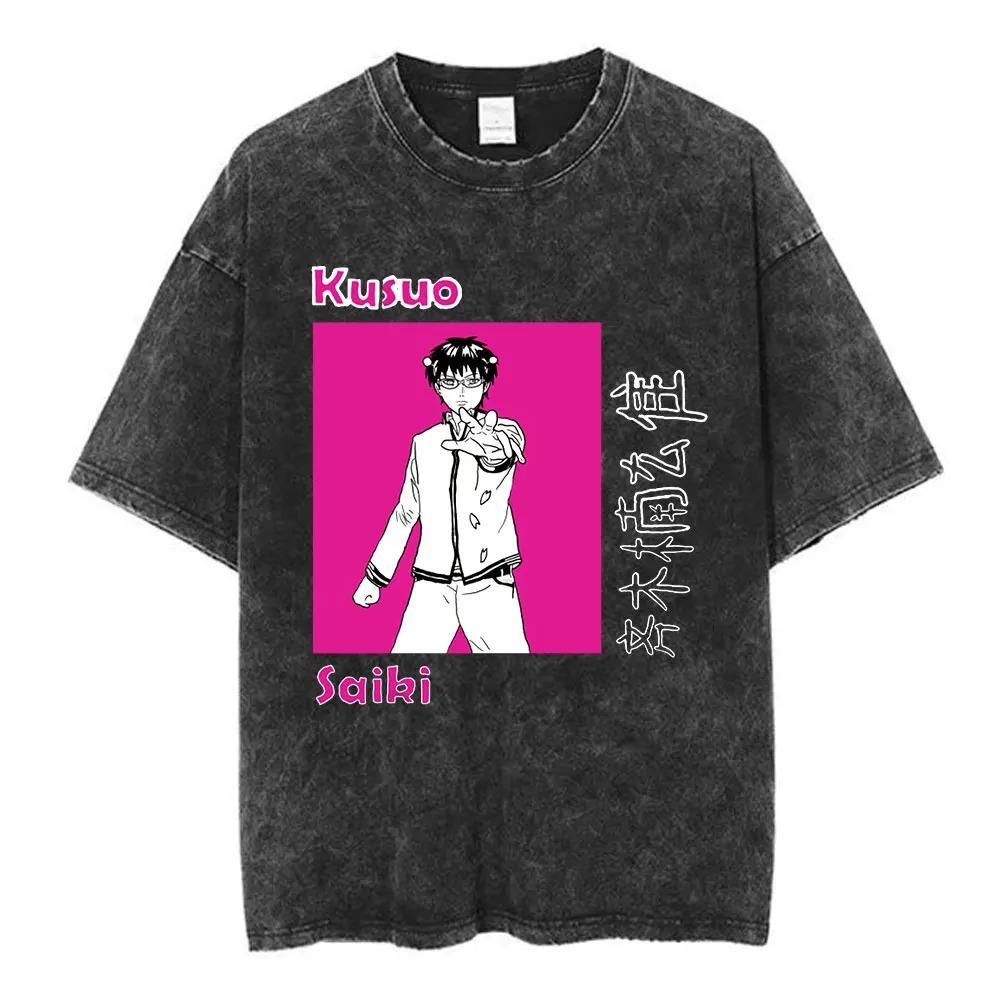 Anime The Disastrous Life of Saiki K Graphic Print Tshirt Men Women Vintage Washed Cotton Oversized Harajuku Style Summer Tees