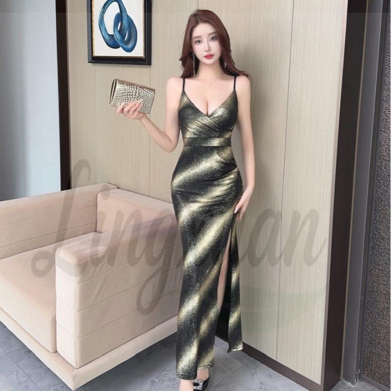 

European Korean Women s Spaghetti Strap Bodycon Evening Gown with Slit Medium