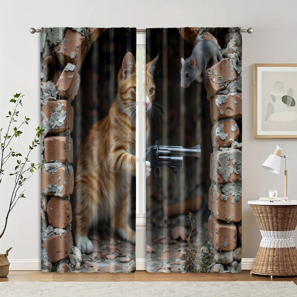 

2 pcs, filtering curtains (excluding rods, non-movable, without batteries) Cat & Mouse for use in bedrooms and living rooms 29x65in(75x166cm)