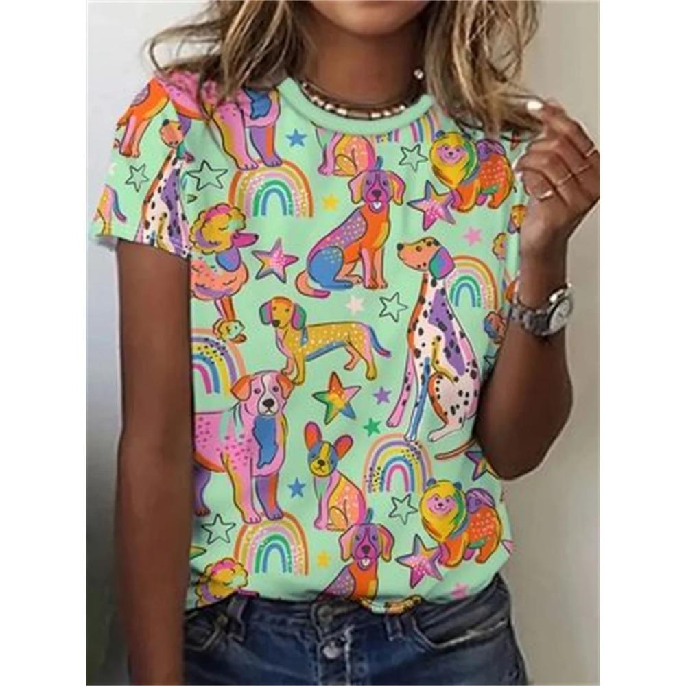 Letní dámská trička s krátkým rukávem, módní, ležérní, s potiskem 3D kreslených zvířat a kulatým výstřihem