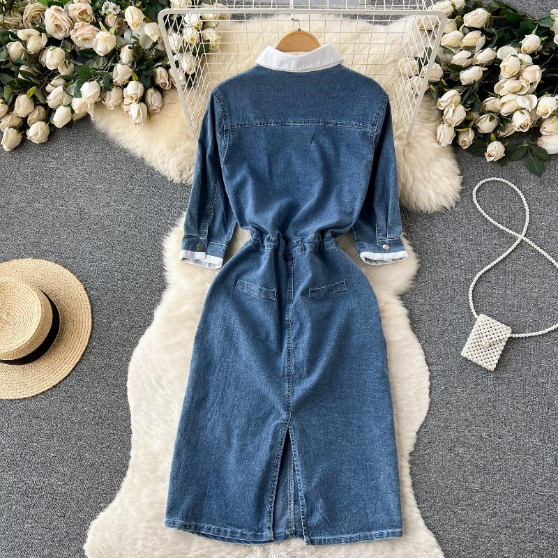 Yaz Mizaç Yaka Ekleme Denim Vintage Elbiseler