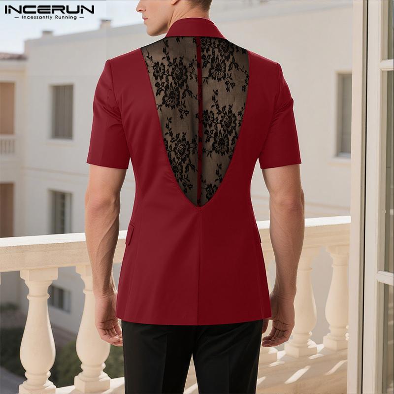 INCERUN Oversized Men Lapel Neck Short Sleeve Back Lace Casual Blazer Tops