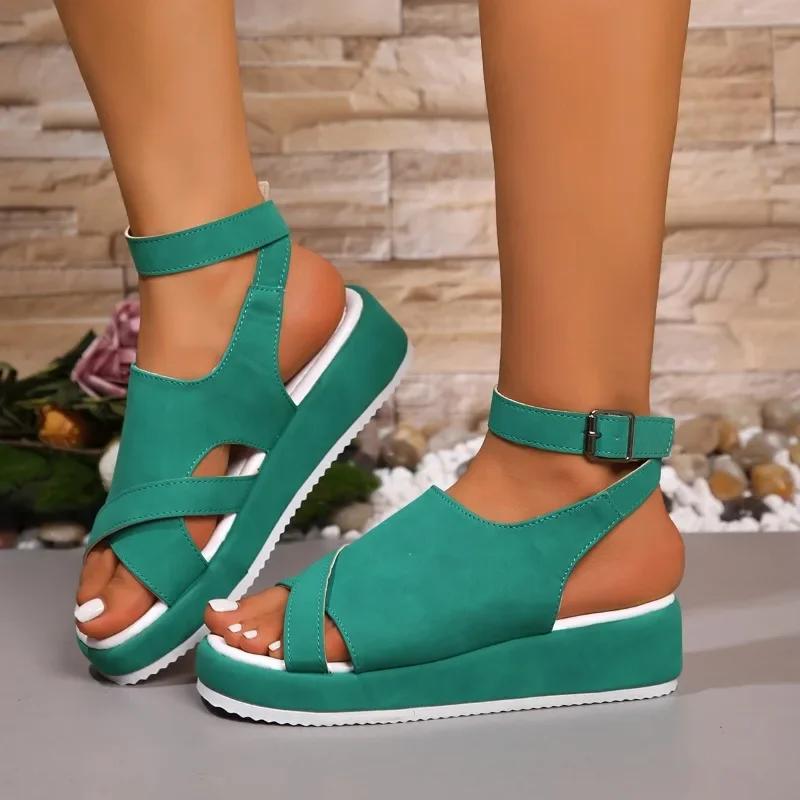 Fashion Shoes for Women 2024 Hot Sale Ankle Strap Women's Sandals Summer Open Toe Solid Outdoor Platform Casual Plus Size Sandals