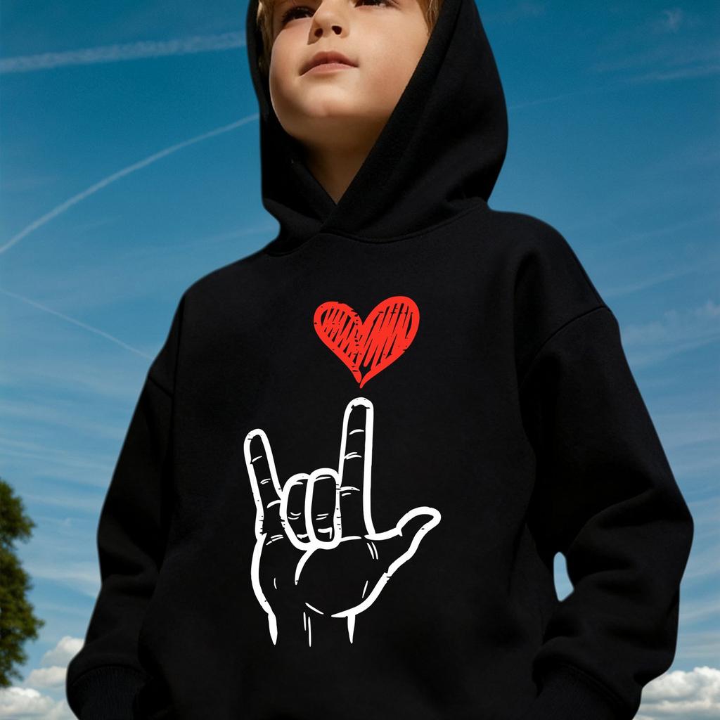 Valentine'S Day Boys' Autumn And Winter Stylish Fleece Hoodie with a Red Heart Graphic on The Fingertips,