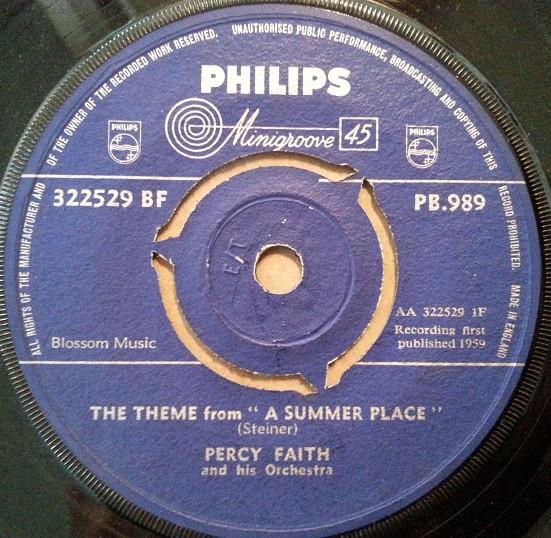 

7inch Record PERCY FAITHHIS ORCHESTRA Theme From a Summer Place PB989322529BF PHILIPS 1959 UK Pop Used