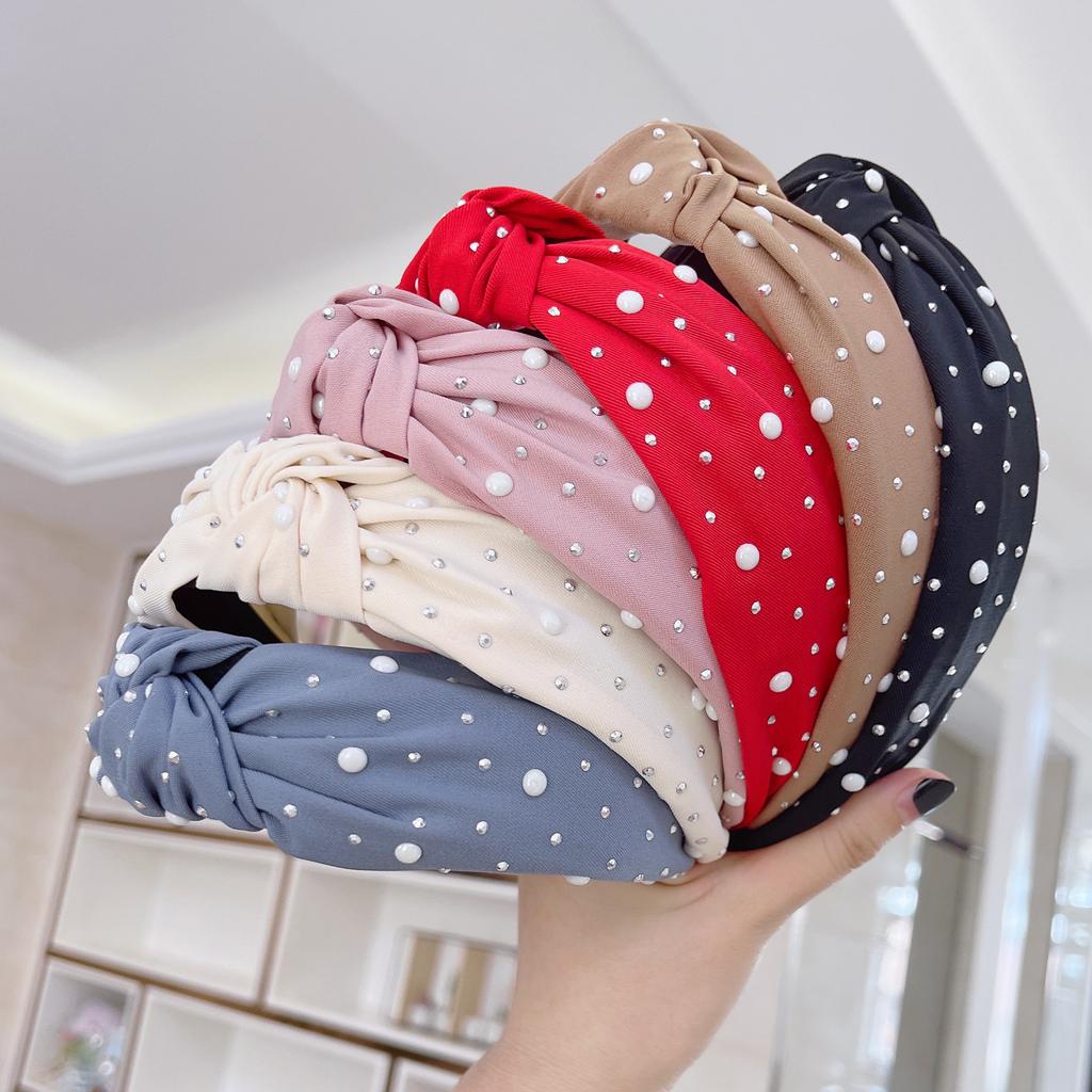 PROLY New Fashion Women Headband Shining Pearls Rhinestone Hairband Center Knot Casual Headwear Girls Hair Accessories