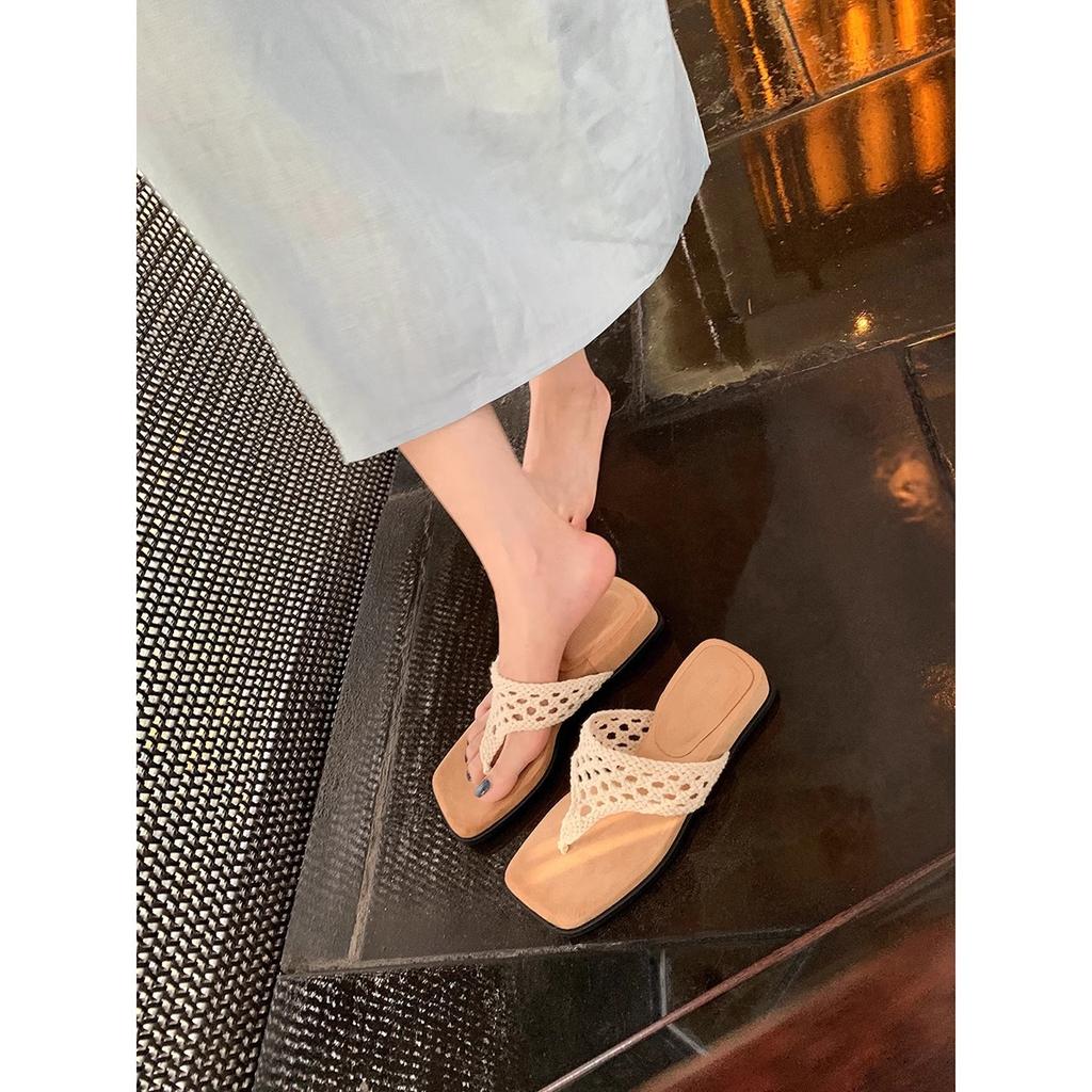 Sheepskin Version~ Grape Mother with the Same Height Increase of 4cm Hollow Crocheted Toe Square Head Cool Slippers Women's Summer Outer Slippers