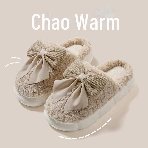 Damskie przytulne pluszowe bawełniane kapcie z kokardą - antypoślizgowe, ciepłe, uroczy design na jesień/zimę