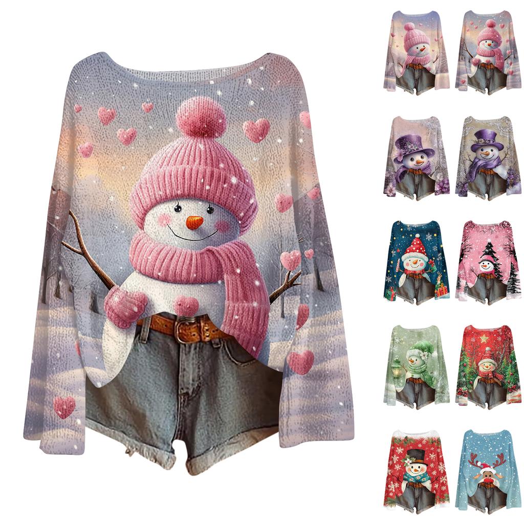Women's Fashion Christmas Print Lightweight Sweater Casual Long-Sleeve Knit Pullover Top