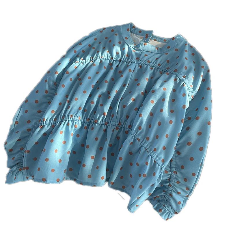 Womens Polka Dot High Neck Long Sleeve Ruffled Blouse M синий