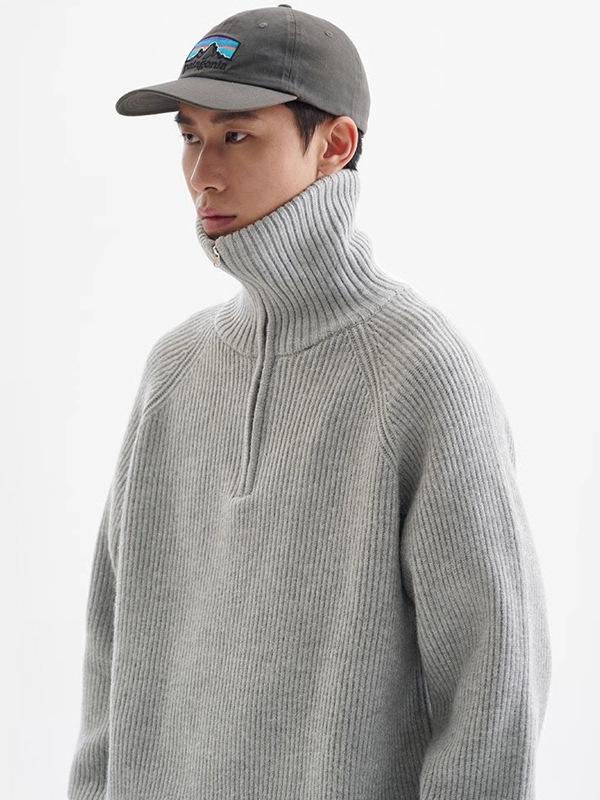 Men's High-Neck Half-Zip Thick Knit Sweater, Retro Loose-Fit Pullover for Autumn/Winter