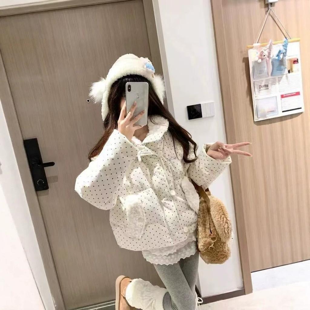 Sweet polka dot knitted splicing long-sleeved cotton jacket women's winter loose thickened short warm bread clothing