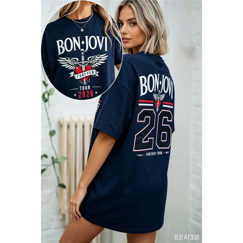 Bon Jovi Print T-Shirt Damen Herren Rundhals Streetwear Harajuku Lässig Übergroß Y2k Kurze Ärmel Lässig Locker Bequem Damen Herren Kleidung