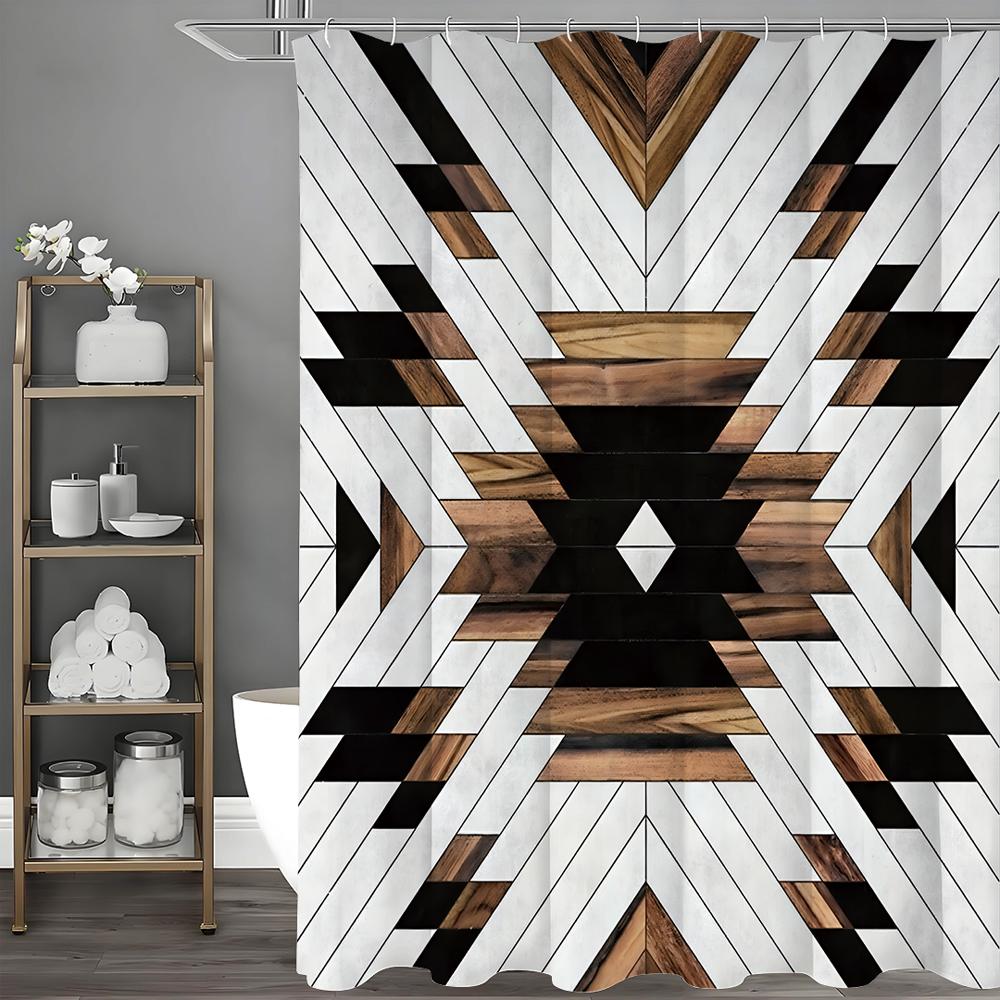 Vintage Geometric Decorative Pattern Shower Curtain, Bathroom Decorative Shower Curtain, Waterproof Shower Curtain with Hooks