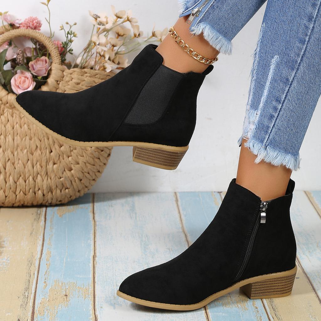 Short boots autumn and winter pointed suede side zipper thick heel Martin boots