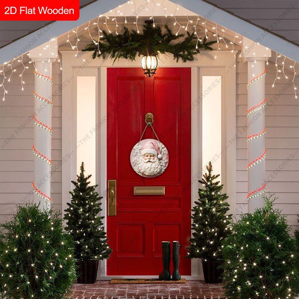 Pink Santa Claus Snowflake Round Wooden Hanging Sign, 2D Flat Printed Christmas Wall Door Ornament, Xmas Holiday Home Decor Gift