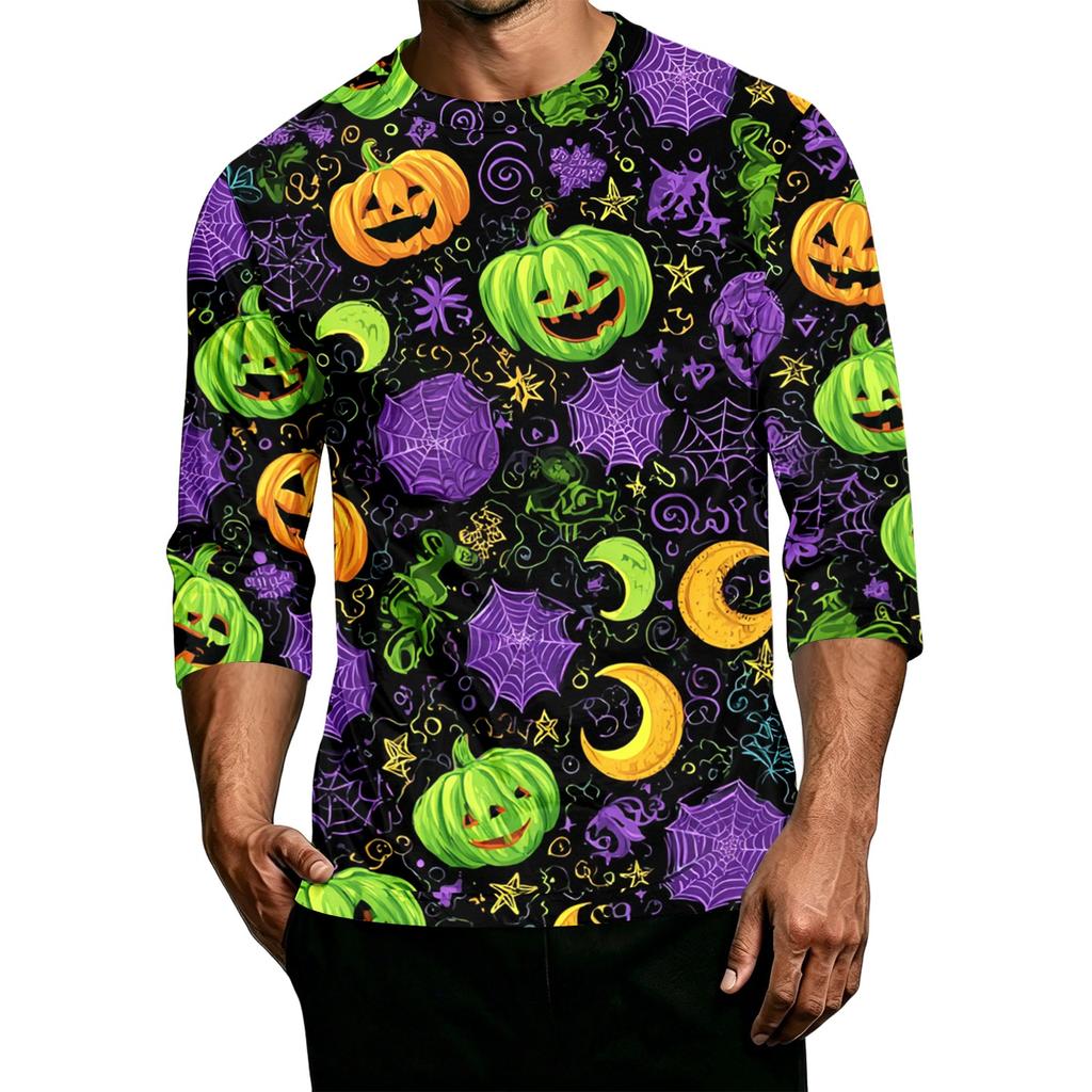 Men's Casual Halloween Print Crew Neck T Shirt Three Quarter Sleeve Top Lightweight Comfortable Fit for Daily Wear