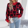 Women's Round Neck Contrasting Plaid Love Long-sleeved Pullover Sweater