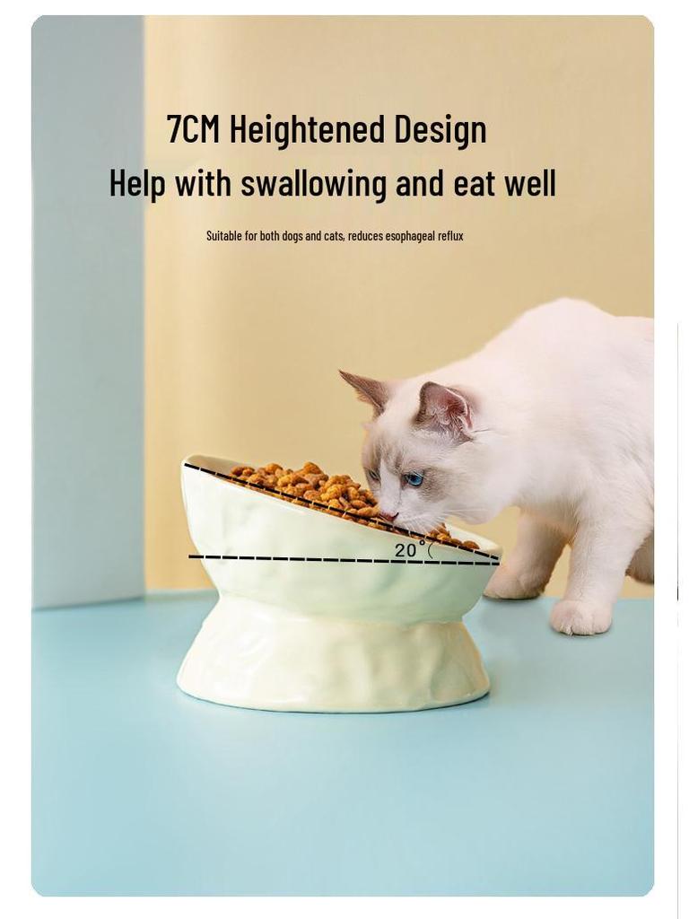 Ceramic Cat & Dog Feeder: Cute, Slanted Double Bowl with High-Leg Design for Neck Protection and Anti-Tip Stability.