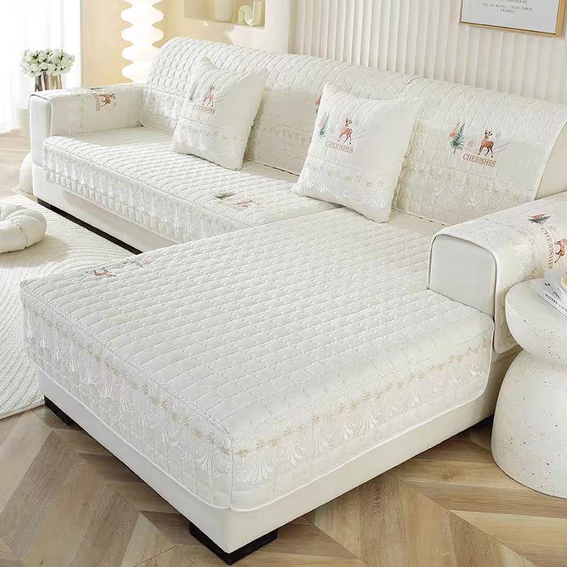 Vyšívaný polštář na pohovku z prané bavlny, Univerzální látka pro všechna roční období, Protiskluzový all-inclusive potah na pohovku, Kreslený přehoz na pohovku