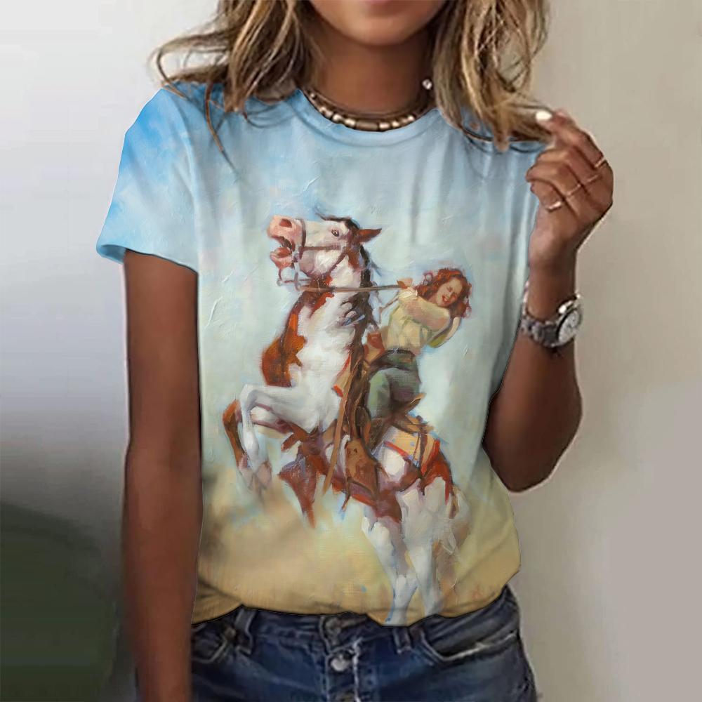 Retro Western Women's Short Sleeved T-shirt Top Loose Cowboy 3D Printed T-shirt