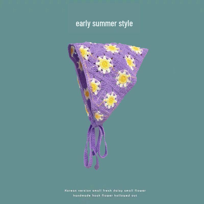 Korean Style Knitted Crochet Triangle Scarf: Women's Sweet Flower Headscarf Hat