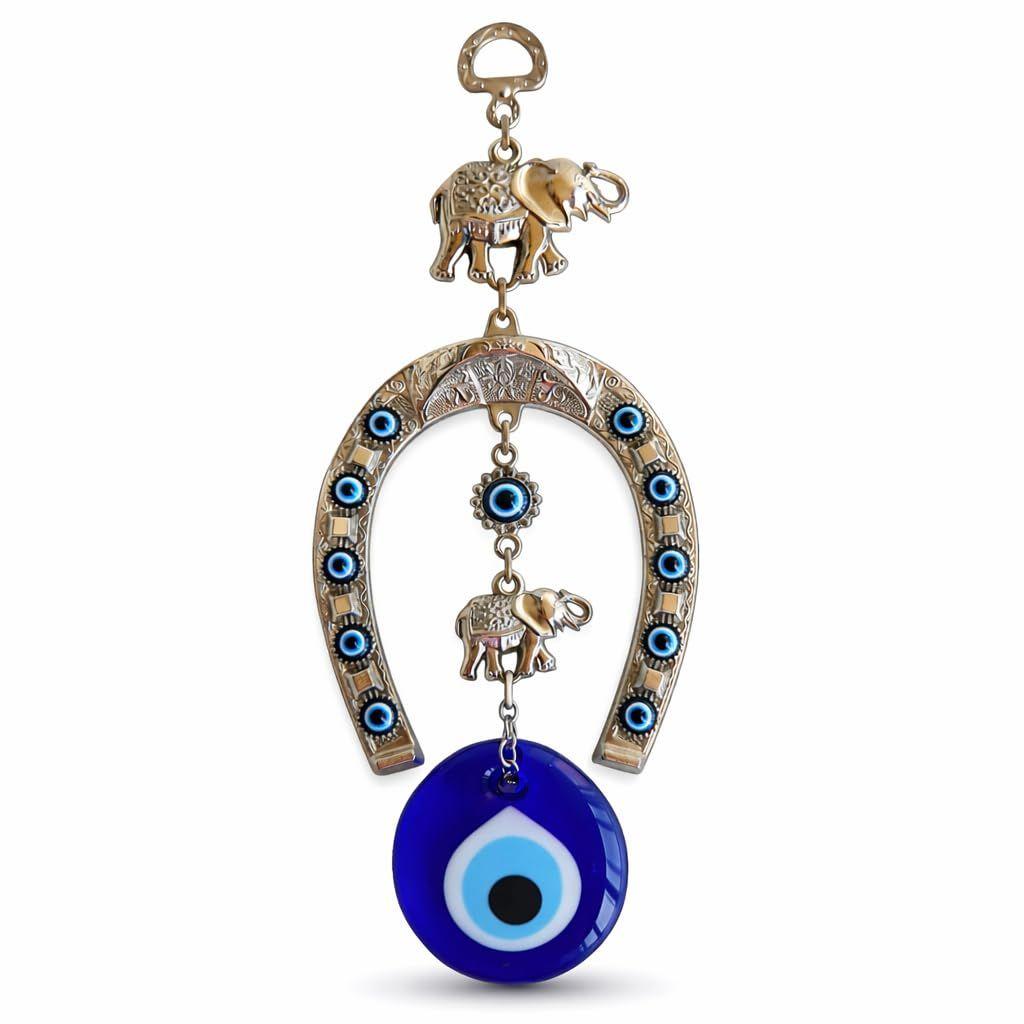 Ornamento Suspenso de Cavalo Turco de Prata Azul Olho Grego com Elefante para Entrada de Casa