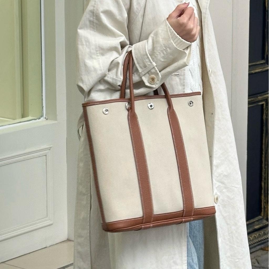Vertical Canvas with First-layer Cowhide Garden Bag 36 Handbag Fashionable and Casual Lightweight Tote Bag Large-capacity Women's Bag