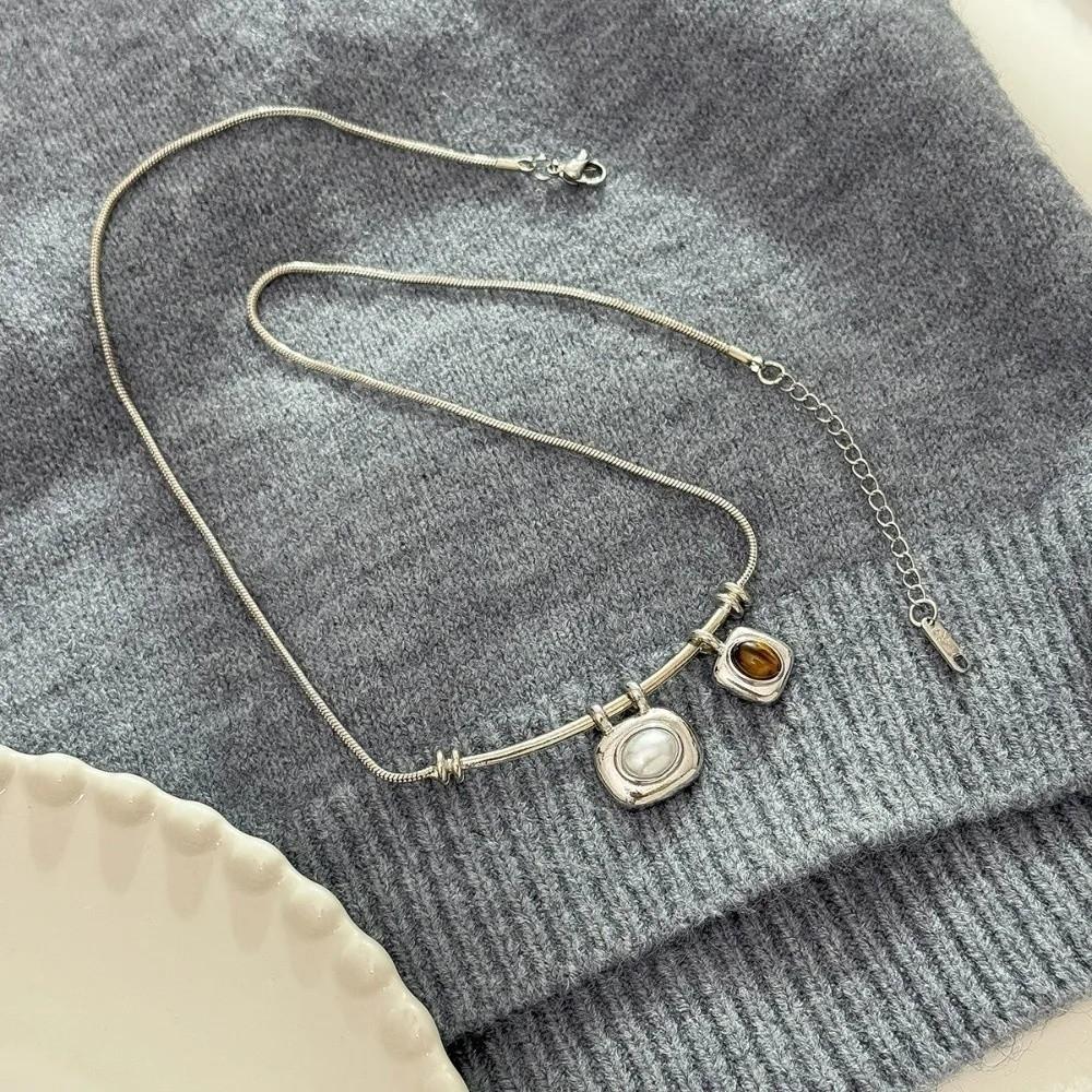 Imitation Pearl Tigereye Stone Pendant Necklaces Geometric Collarbone Necklace Women