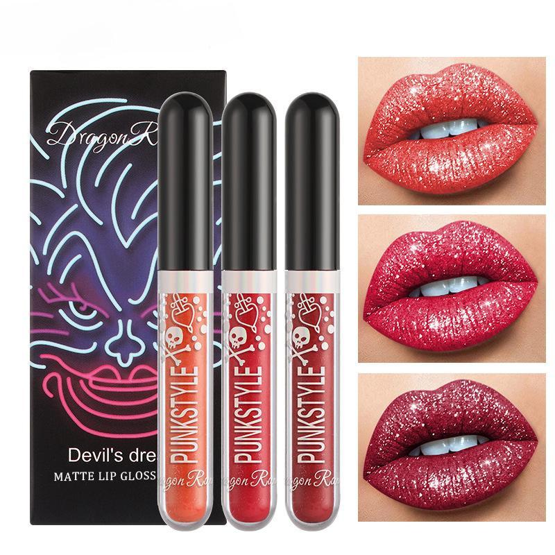 Halloween Three-piece Sequin Lip Glaze Box Non-stick Cup Lipsticks Glitter Pearl Stage Lip Gloss Set Is Perfect for Parties