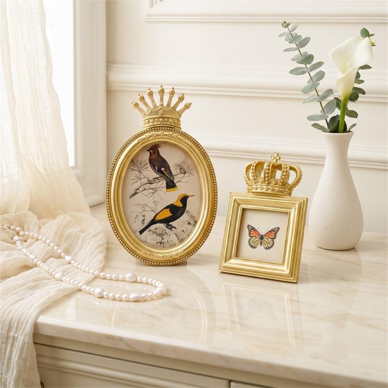 Desktop Photo Frame with Gold-Tone Finish, Ornate Crown Detail, Decorative Resin Picture Frame for Tabletop or Wall Mount Styling