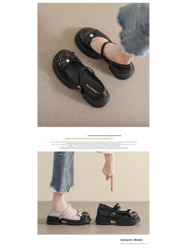 Weiwei Jente Mary Jane Sko med Tykk Såle og Sløyfe - Damesko med Kraftig Hæl i Skinn med Rem