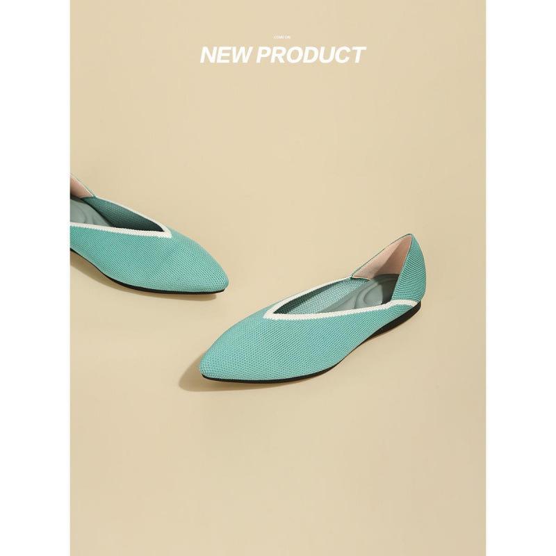 Flying Woven Pointed Single Shoes Large Size Women's Shoes Egg Roll Knitted Flat Bottom Soft Sole Breathable Woven Bean Shoes Spring and Autumn