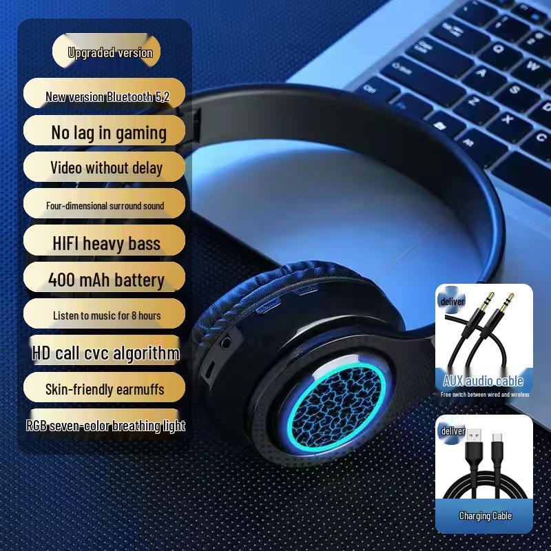 Glowing Noise-Cancelling Wireless Over-Ear Bluetooth Headphones for Sports